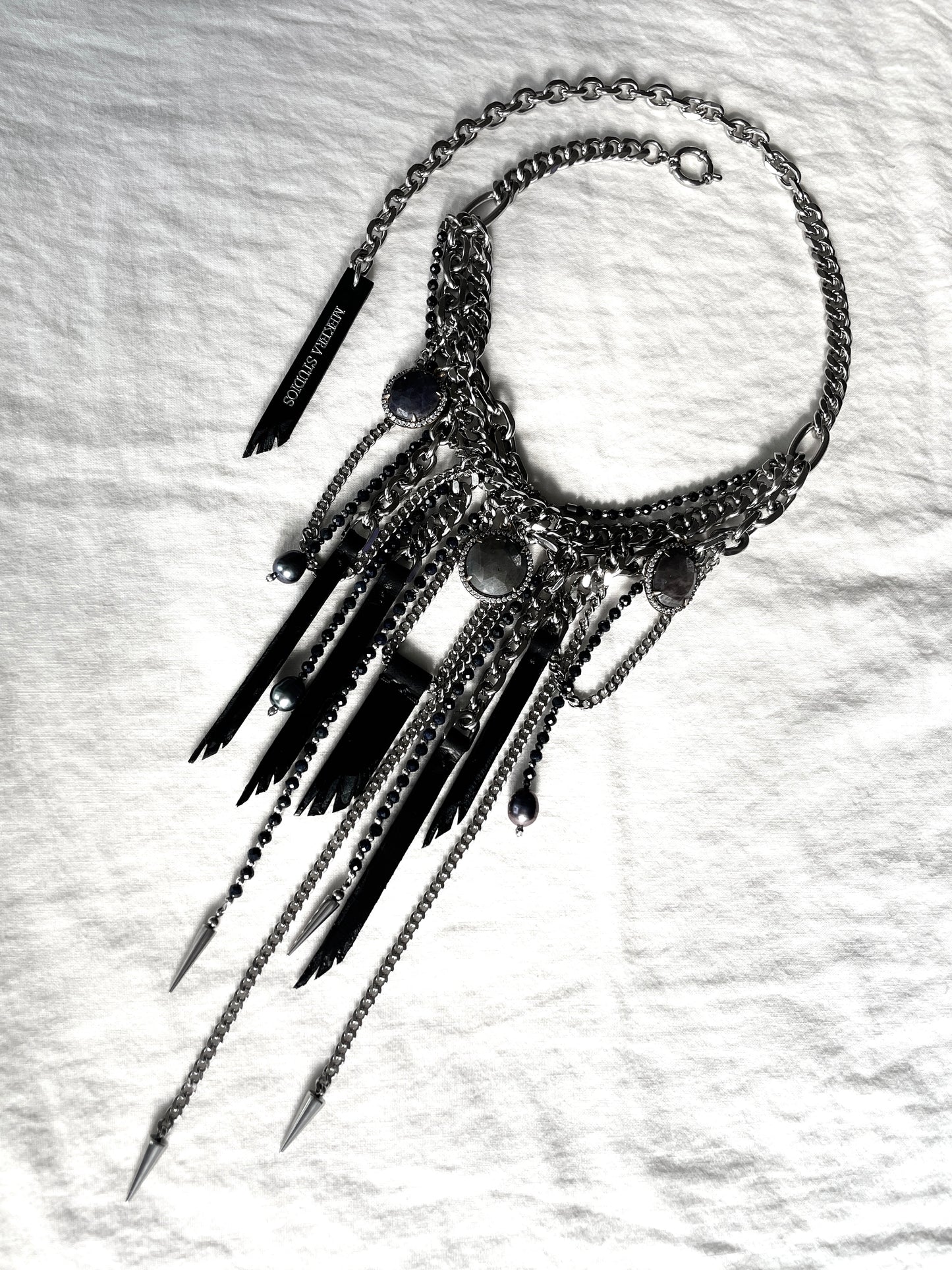 Wings7 - SOAR collection Sapphire Black Pearl Spike Leather  Necklace Limited Edition Handcrafted - MEKERA STUDIOS