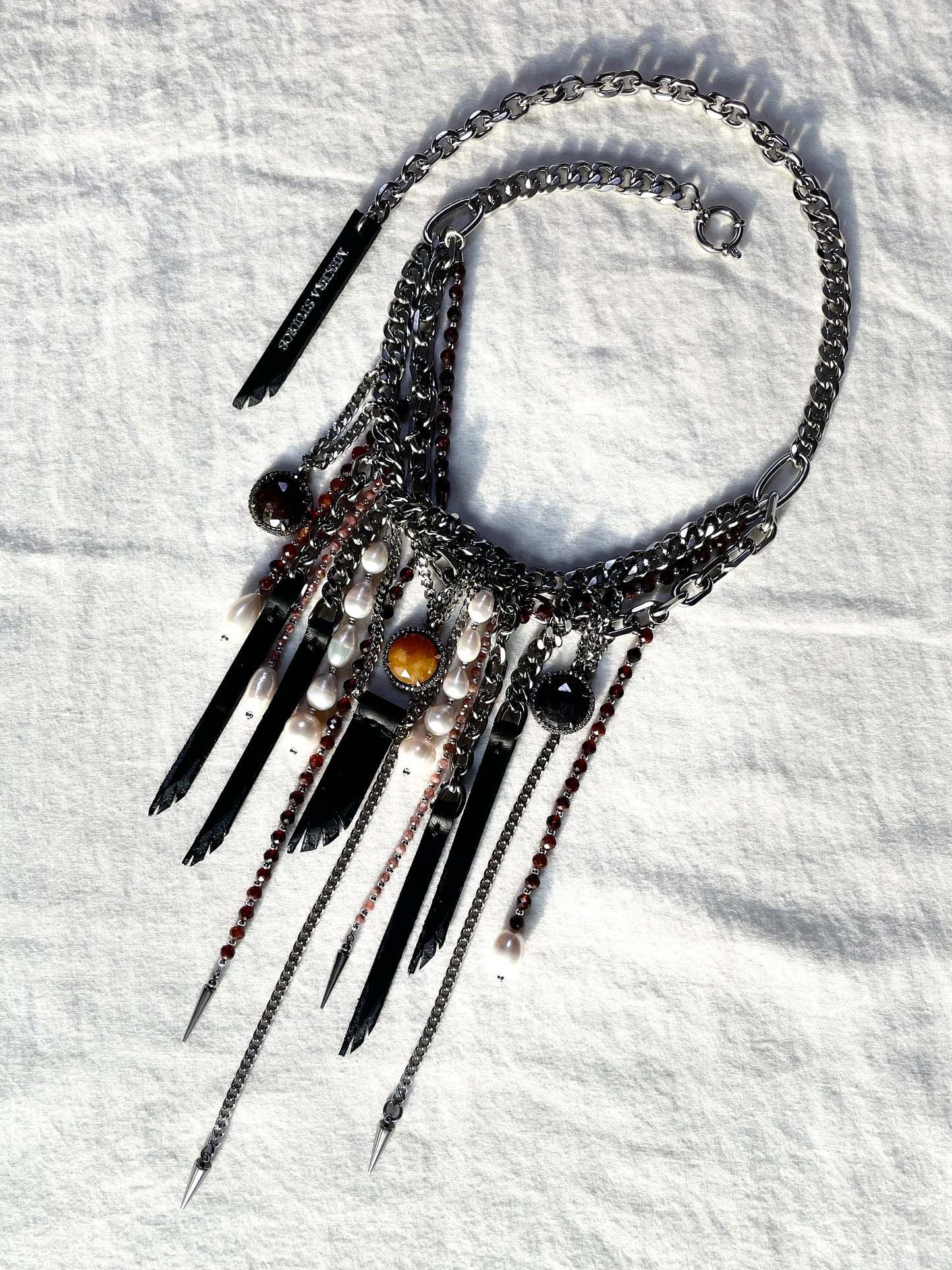 Wings8 - SOAR collection Sapphire Pearl Spike Leather  Necklace Limited Edition Handcrafted - MEKERA STUDIOS