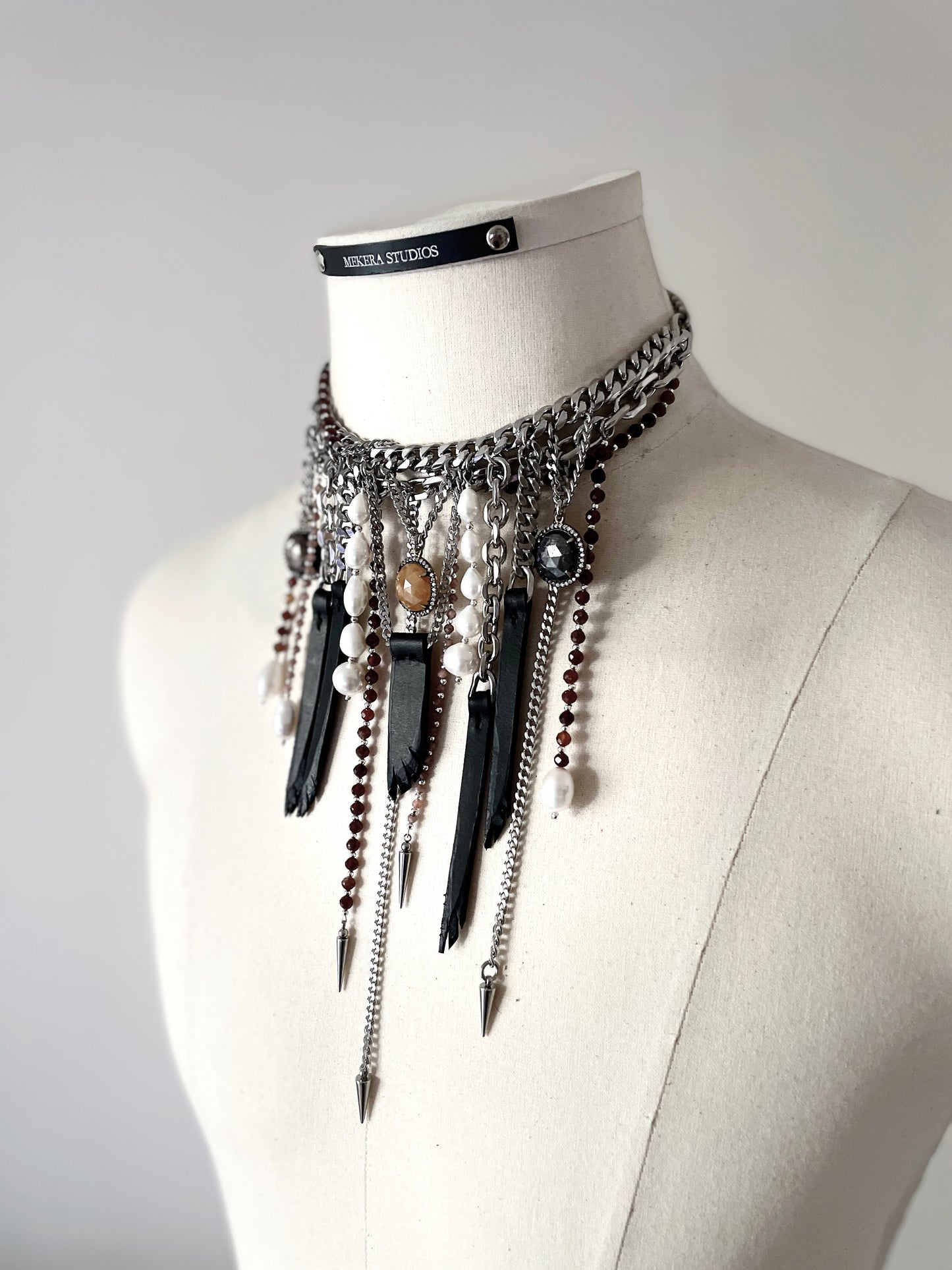 Wings8 - SOAR collection Sapphire Pearl Spike Leather  Necklace Limited Edition Handcrafted - MEKERA STUDIOS