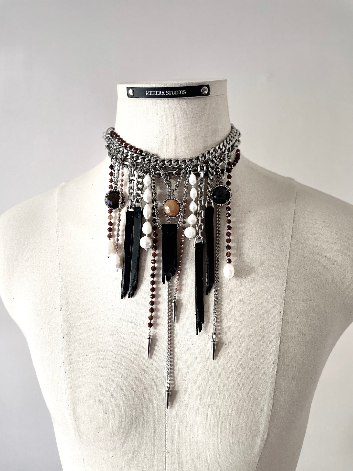 Wings8 - SOAR collection Sapphire Pearl Spike Leather  Necklace Limited Edition Handcrafted - MEKERA STUDIOS