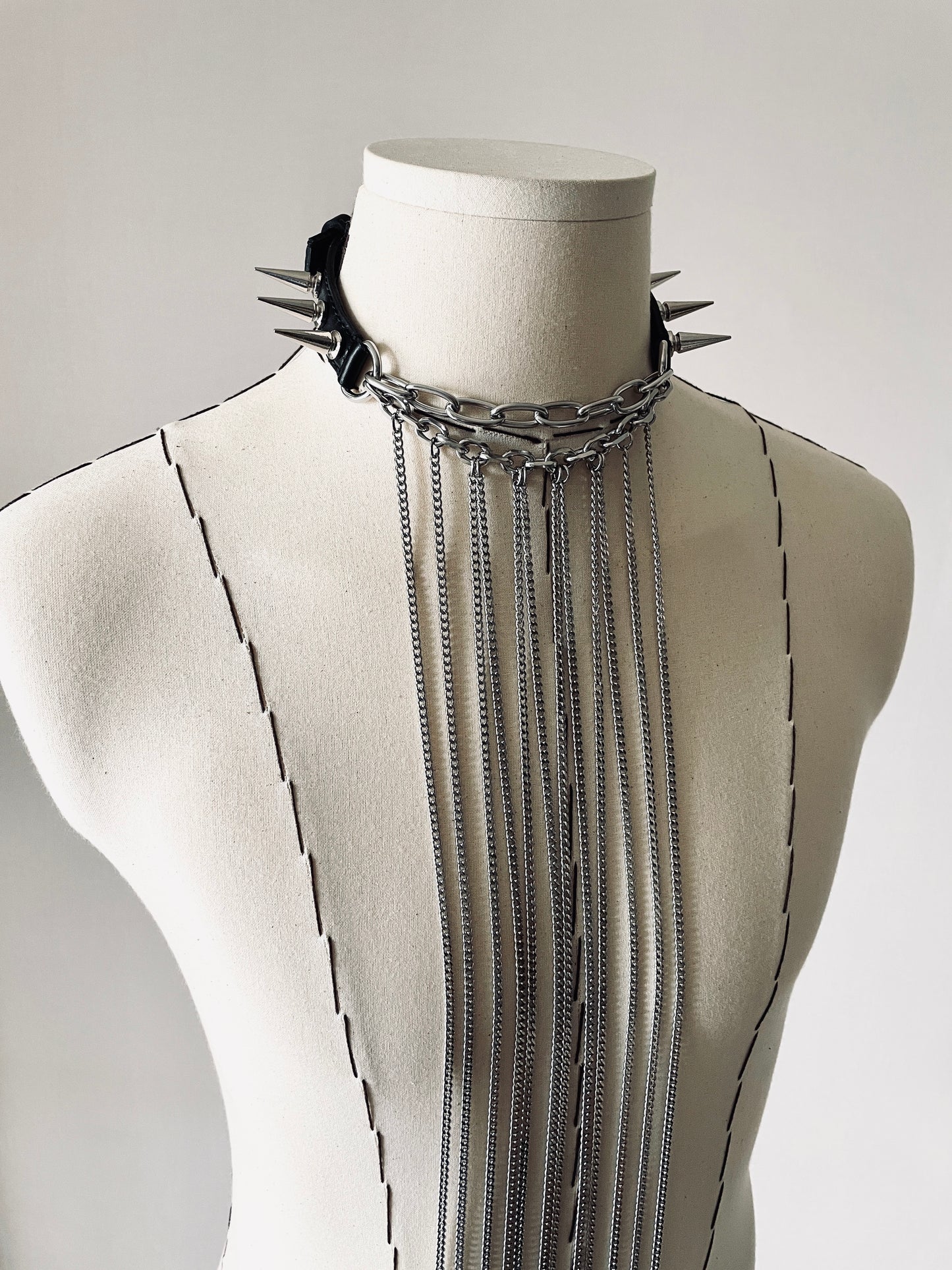 LX7-Spike Choker Necklace Leather Long Chain - MEKERA STUDIOS