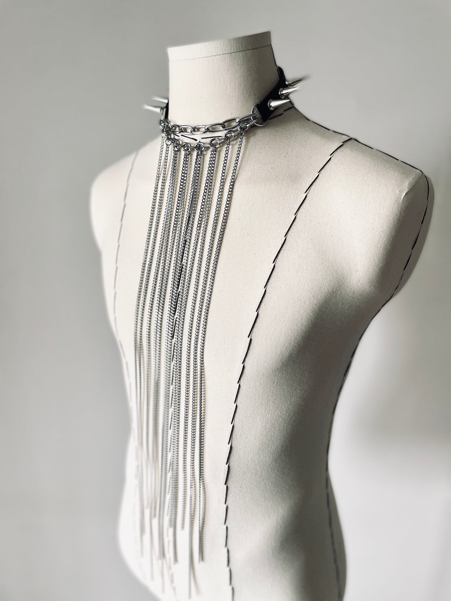 LX7-Spike Choker Necklace Leather Long Chain - MEKERA STUDIOS