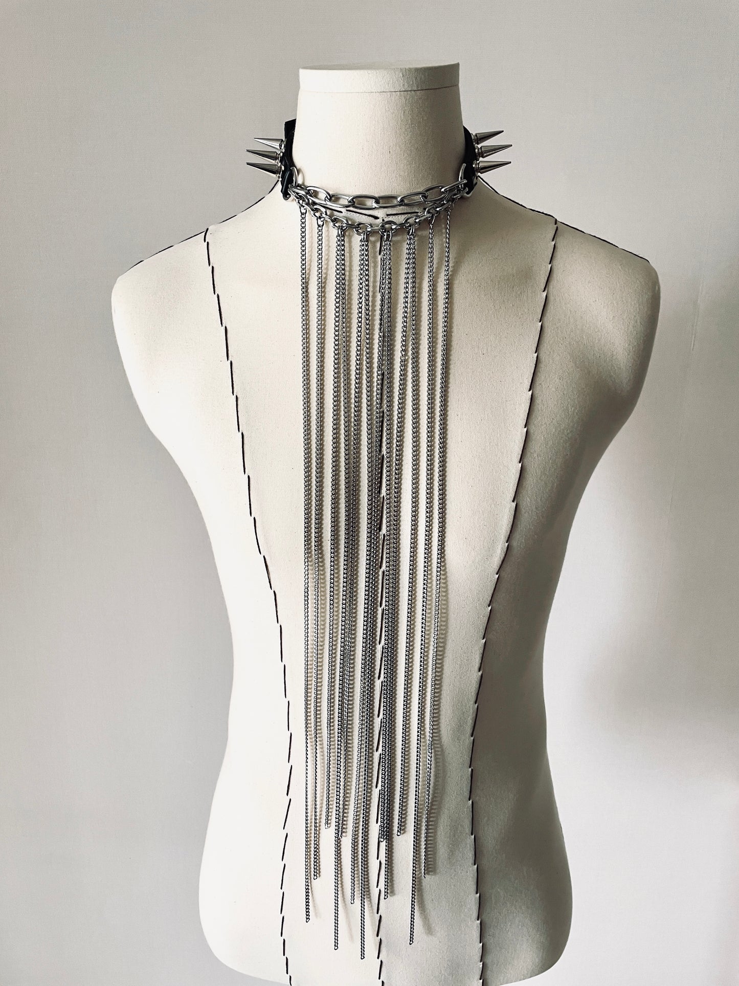 LX7-Spike Choker Necklace Leather Long Chain - MEKERA STUDIOS