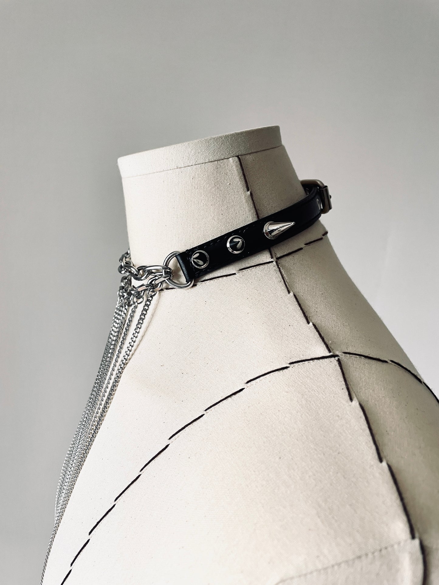 LX7-Spike Choker Necklace Leather Long Chain - MEKERA STUDIOS