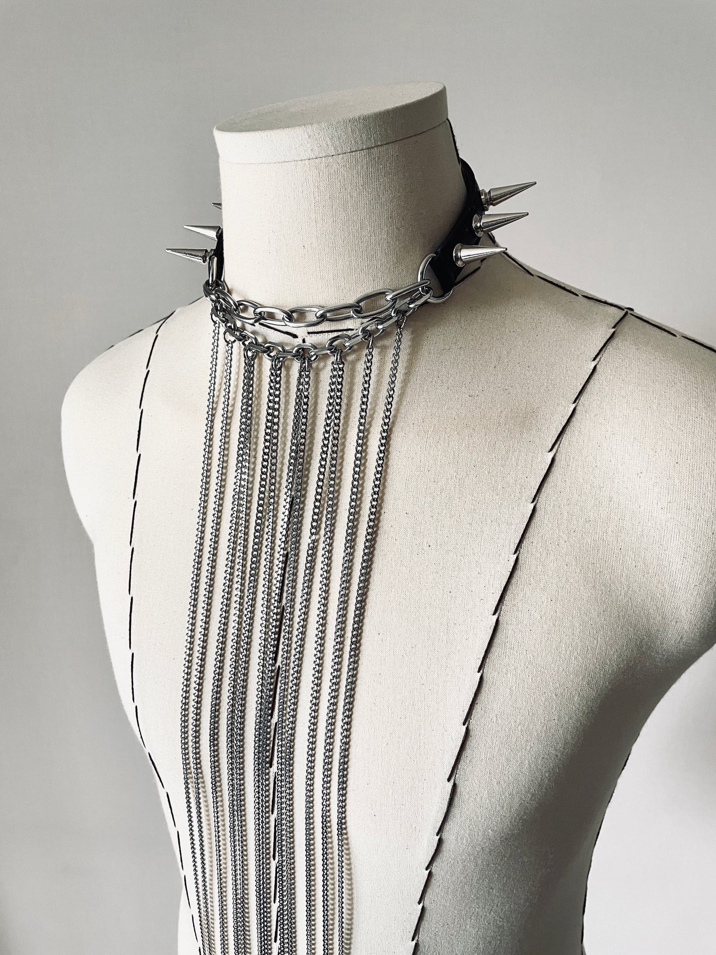 LX7-Spike Choker Necklace Leather Long Chain - MEKERA STUDIOS