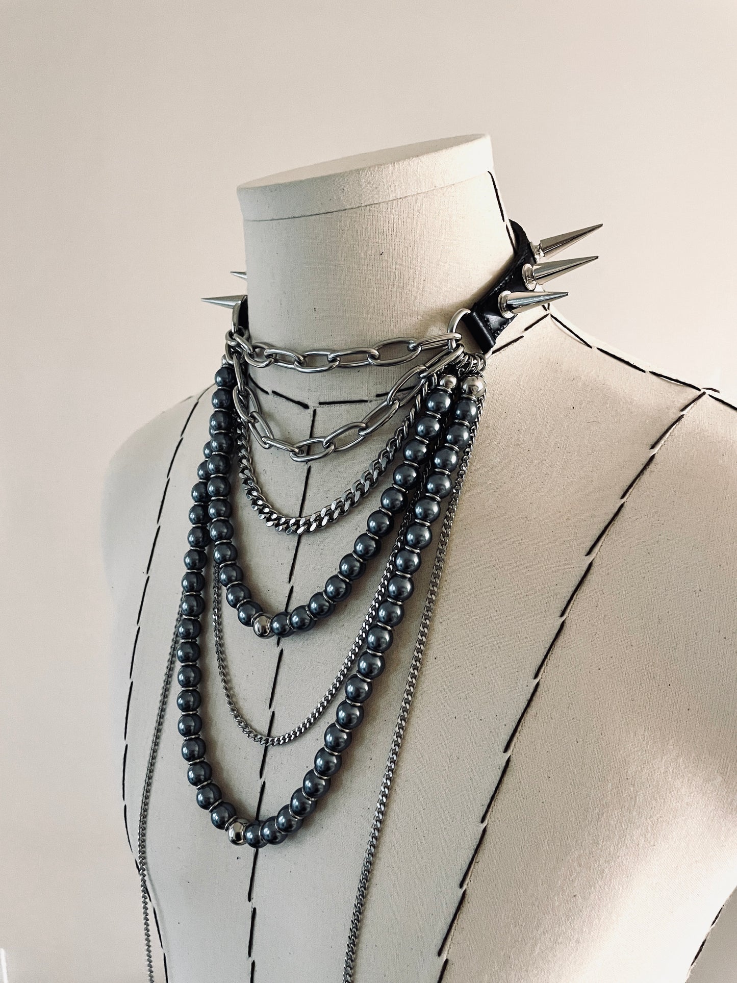 LS4-Spike Choker Necklace Leather Chain - MEKERA STUDIOS