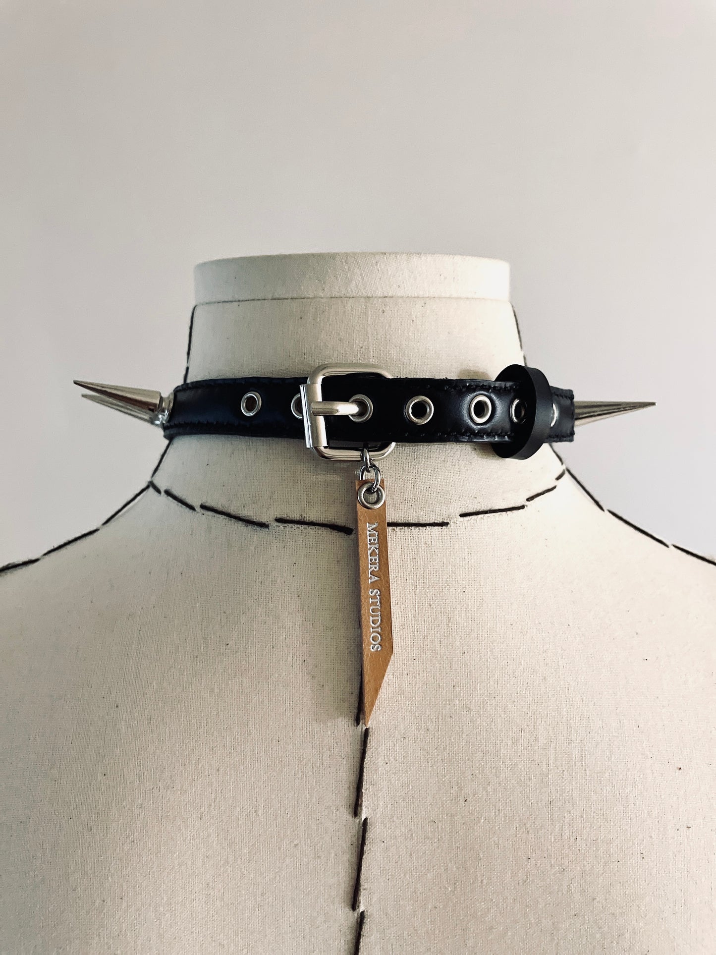 LS4-Spike Choker Necklace Leather Chain - MEKERA STUDIOS