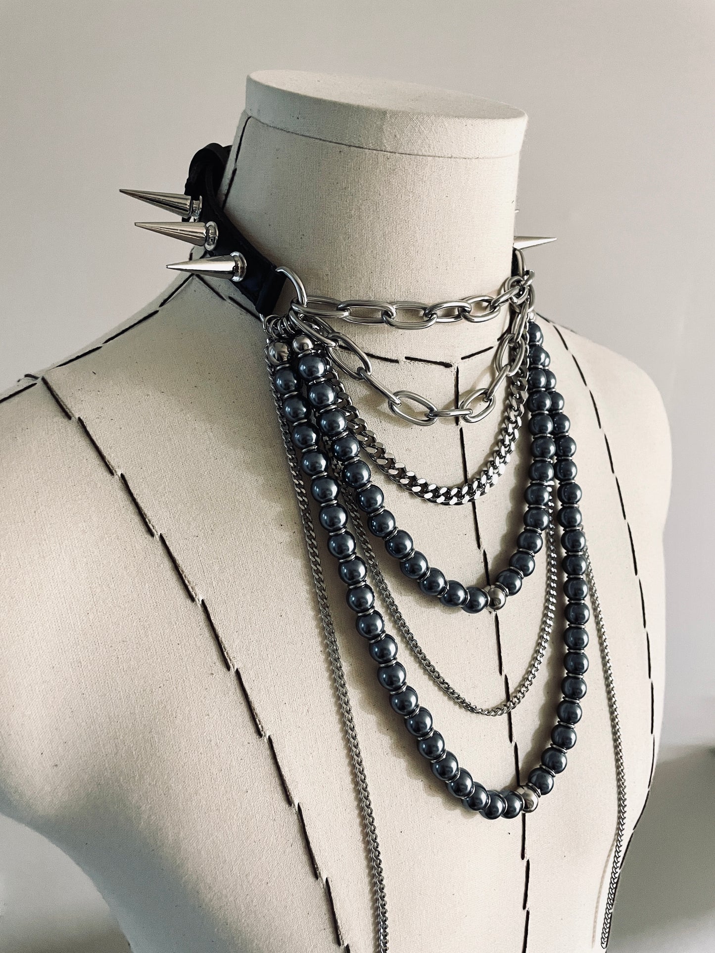 LS4-Spike Choker Necklace Leather Chain - MEKERA STUDIOS