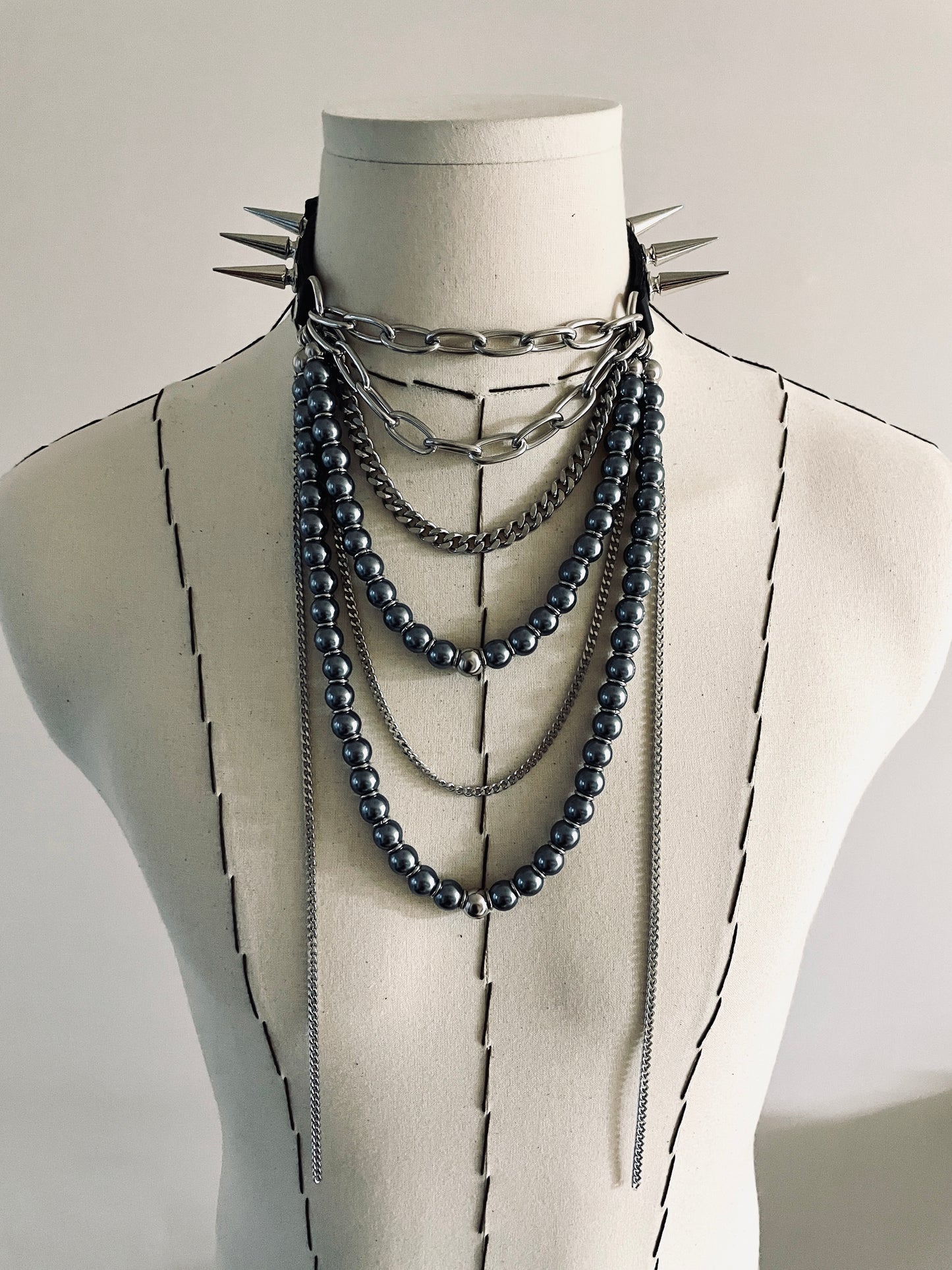 LS4-Spike Choker Necklace Leather Chain - MEKERA STUDIOS