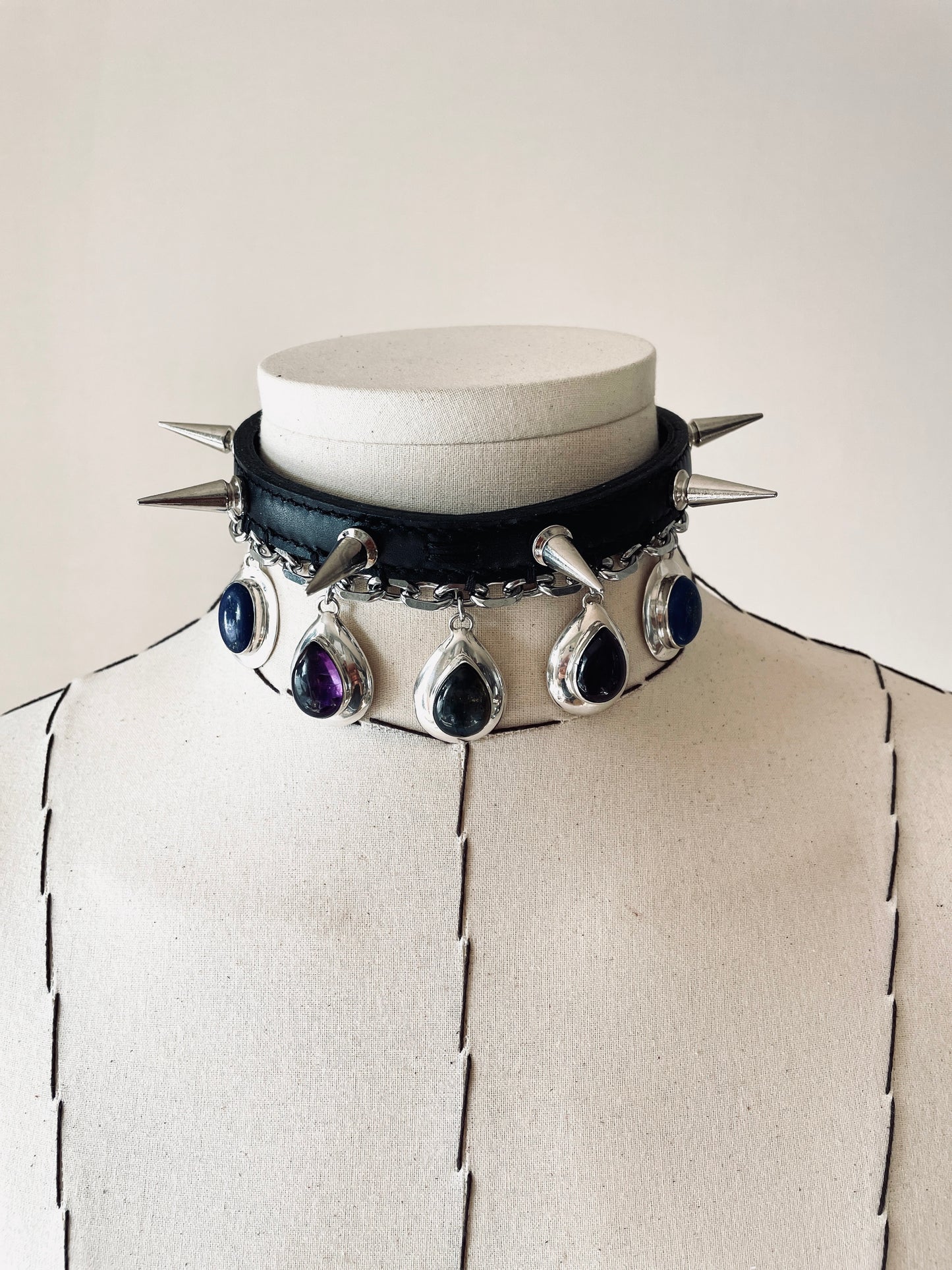 GL4 Statement Choker Necklace Leather GEMSTONE Spike - MEKERA STUDIOS