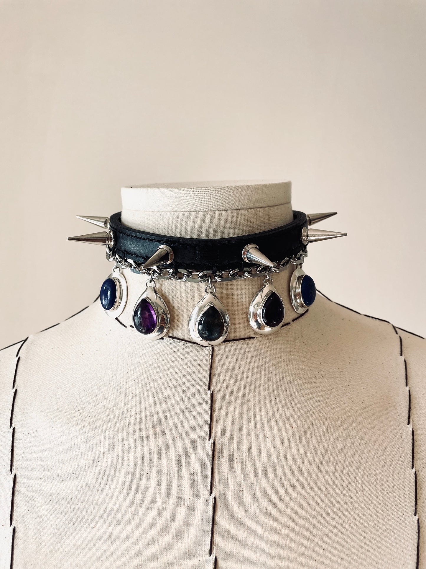 GL4 Statement Choker Necklace Leather GEMSTONE Spike - MEKERA STUDIOS