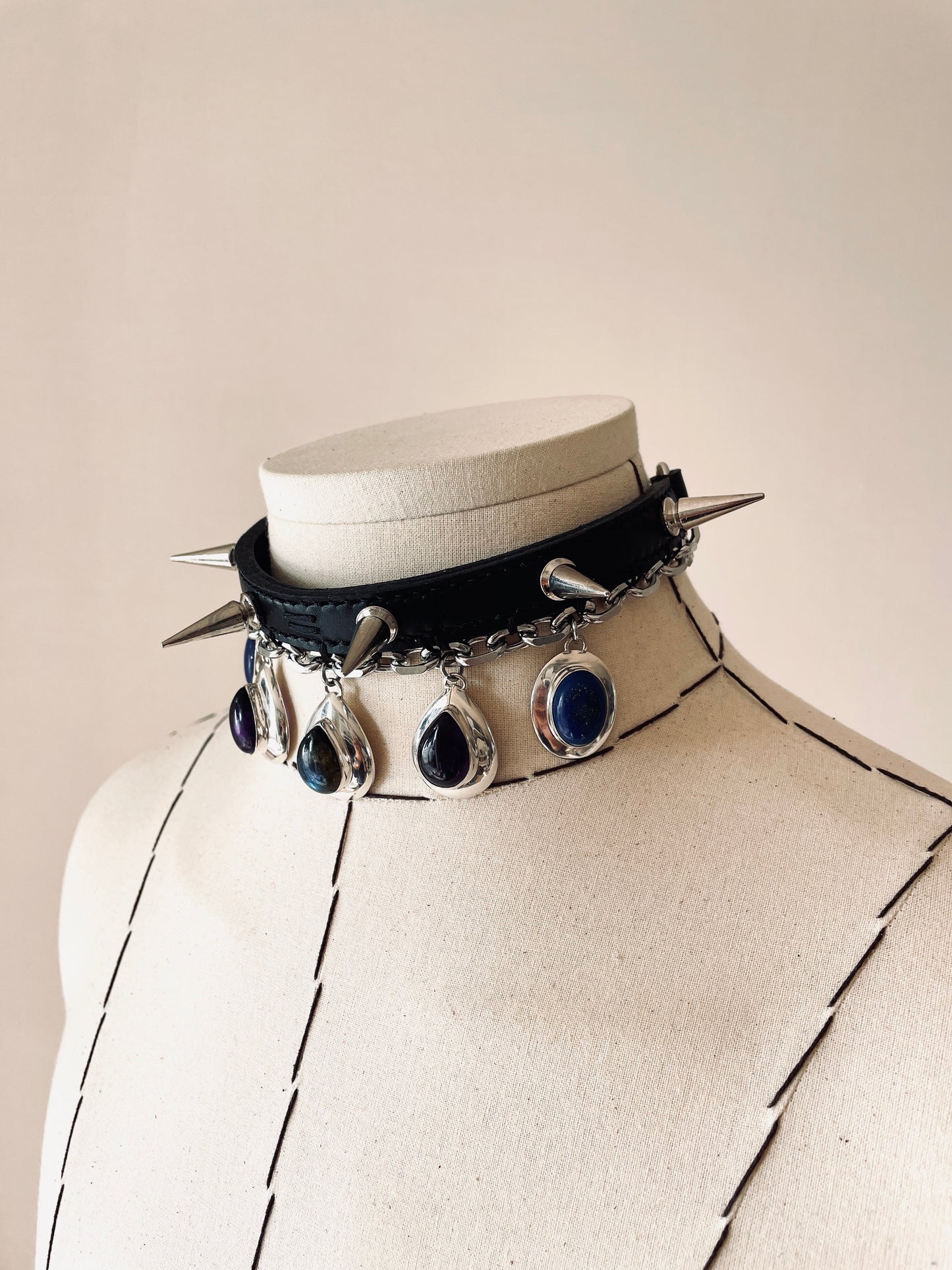 GL4 Statement Choker Necklace Leather GEMSTONE Spike - MEKERA STUDIOS