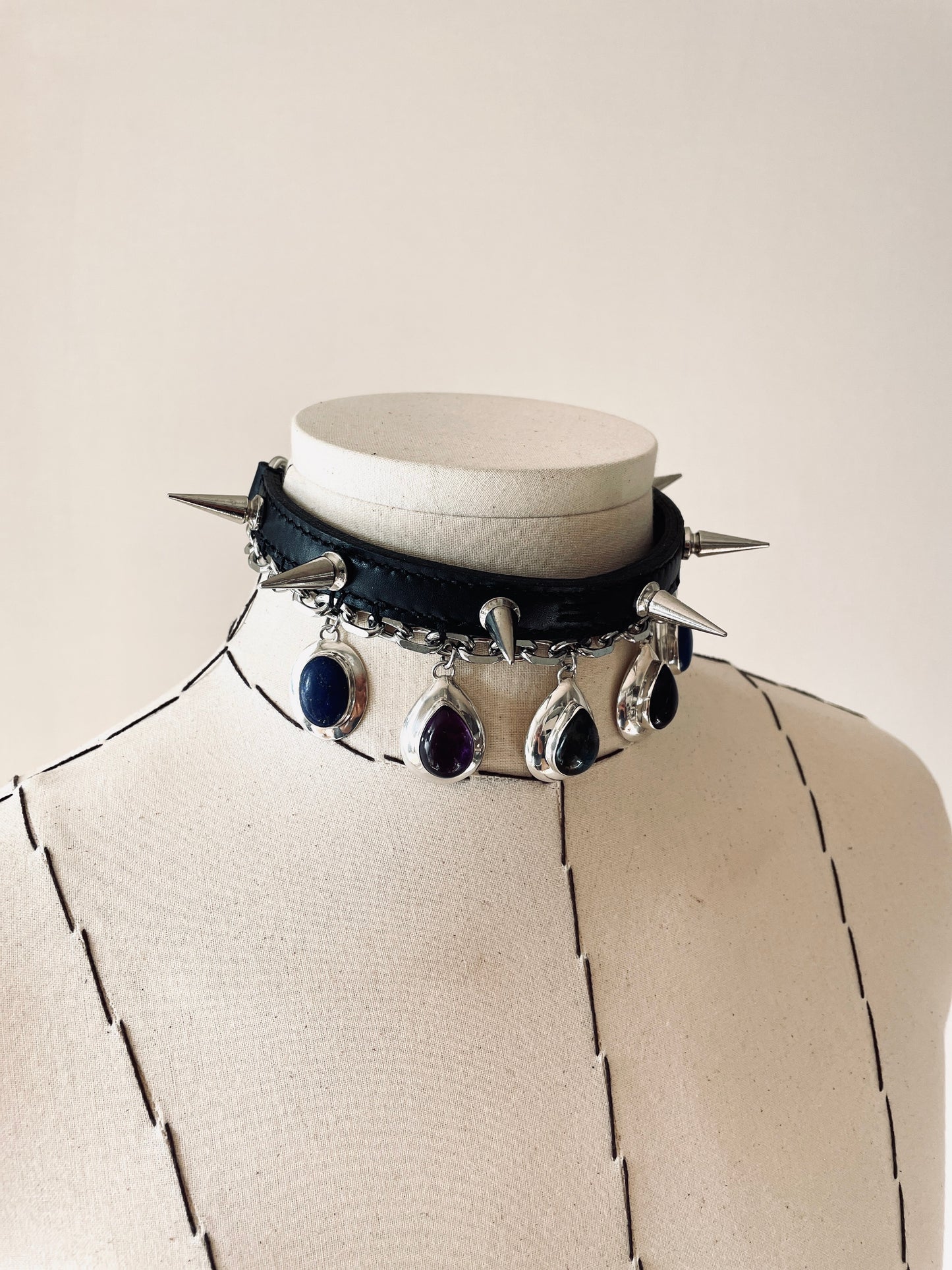 GL4 Statement Choker Necklace Leather GEMSTONE Spike - MEKERA STUDIOS