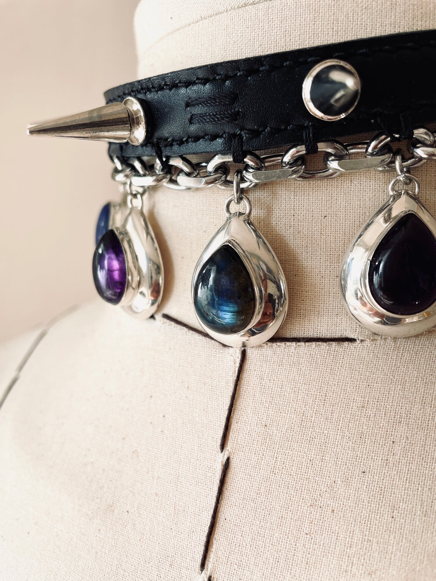 GL4 Statement Choker Necklace Leather GEMSTONE Spike - MEKERA STUDIOS