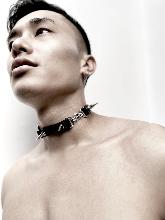 LXX4-SPIKE - The Choker Black Leather Hand stitched - MEKERA STUDIOS